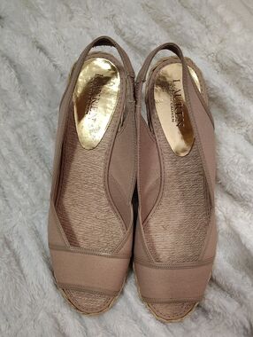 Lauren Ralph Lauren Catrin Taupe Open-Toe Slingback Wedges